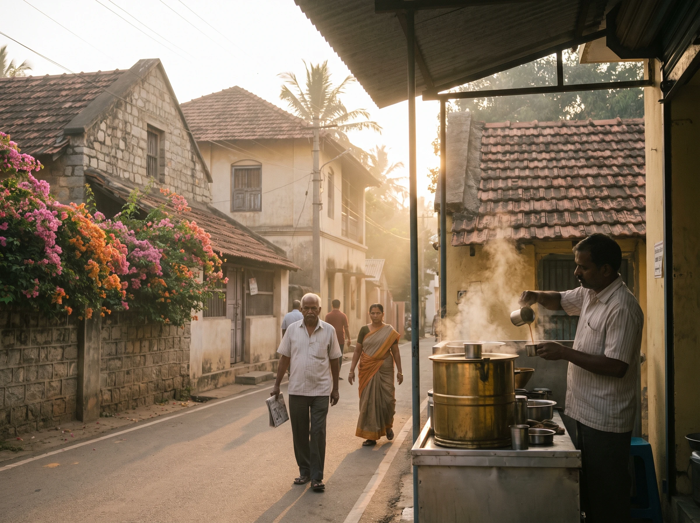 A South Indian street early in the morning: low golden light, a vendor working a steam vessel at a roadside counter, bougainvillea over a stone wall, tiled roofs, and people walking past.